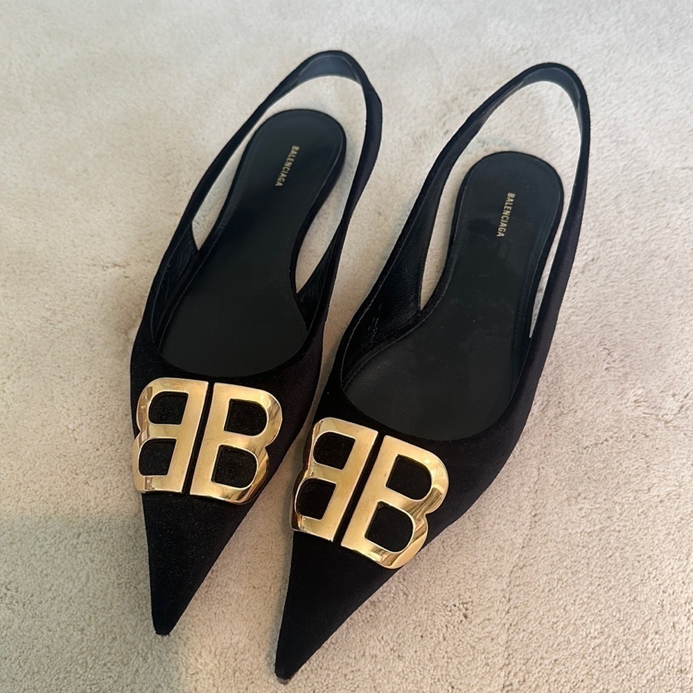 Balenciaga Black Velvet BB Knife Slingback Flats Shoes Pointy Toe Size 8.5 - Picture 4 of 11